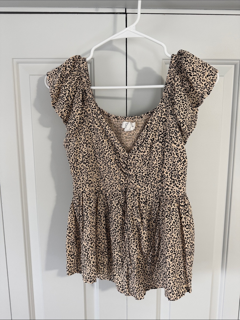 Japna Beige Leopard Print Flutter Sleeve Tunic Top